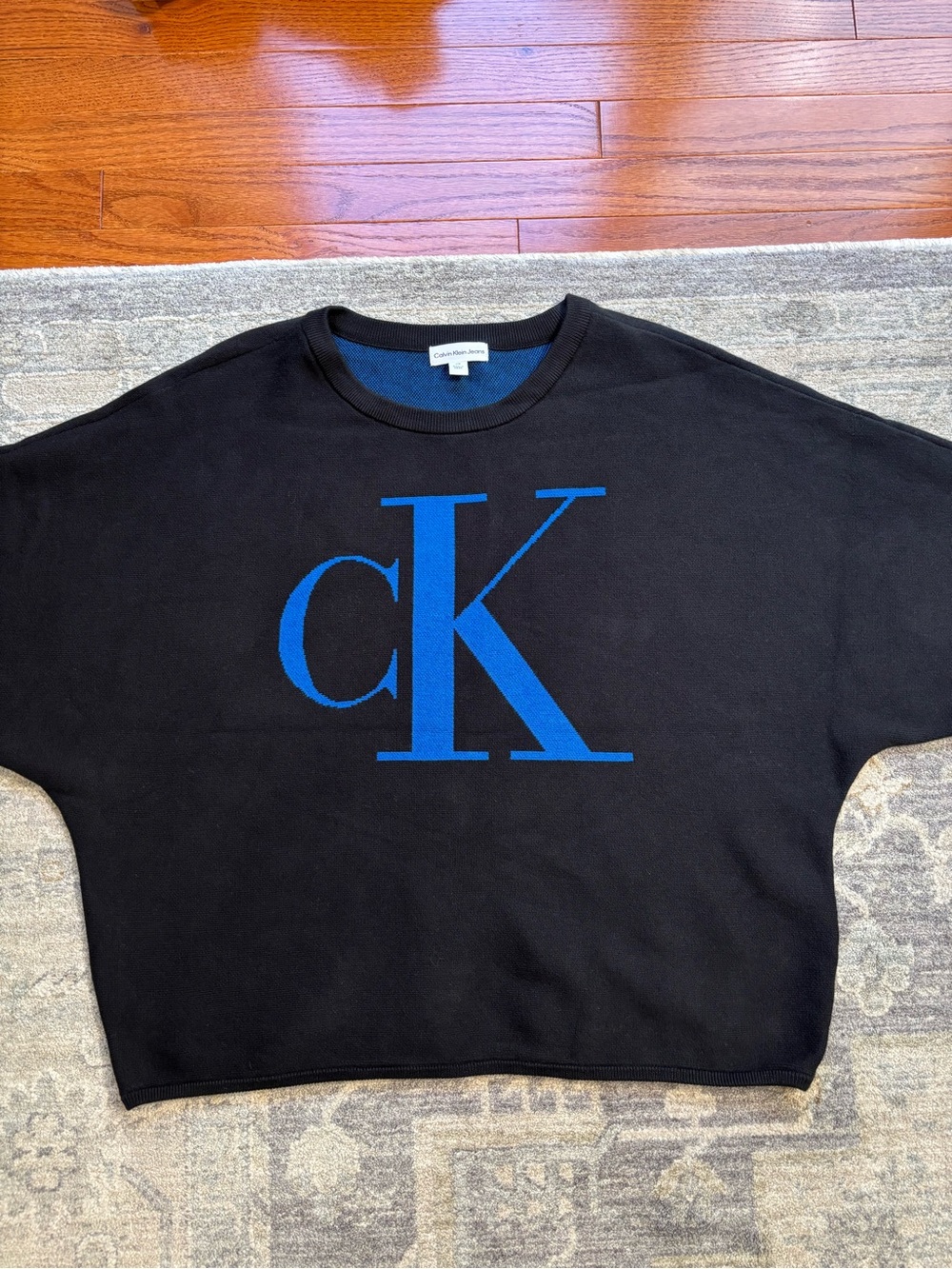 Calvin Klein Jeans Black Crewneck Sweater with Blue CK Logo Women’s Large